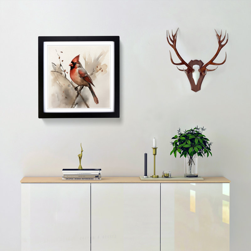 Cardinal Bird Ink Wash - Framed Print, Black