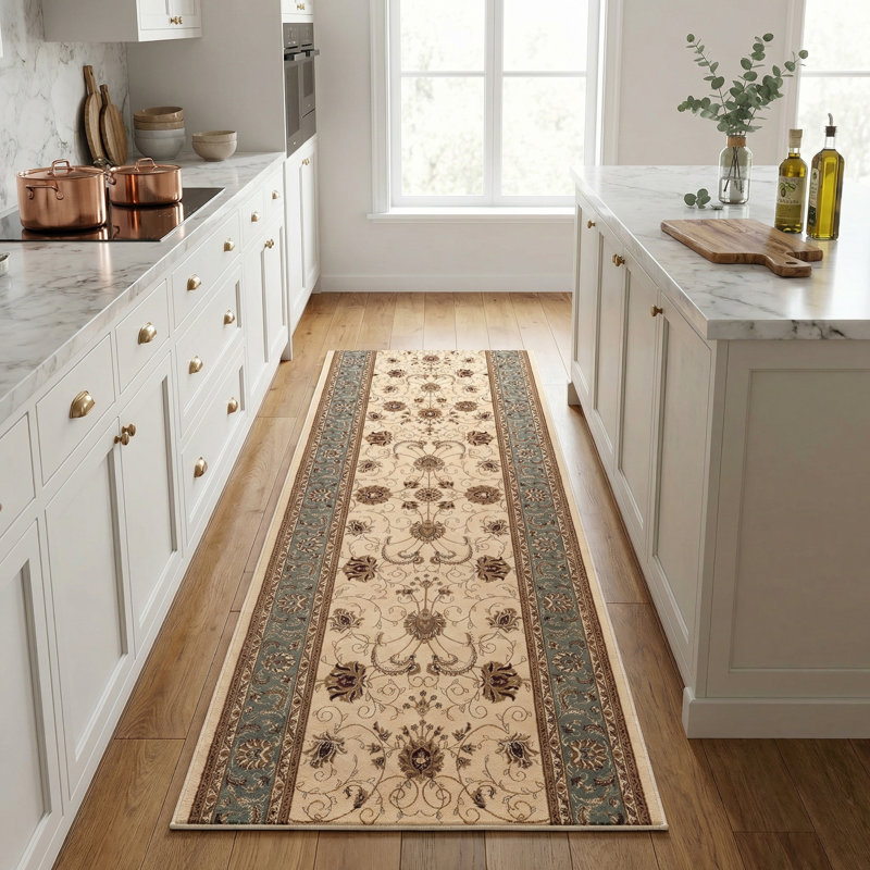 Rug Branch Yasmin 3' x 10' (2'8" x 10') Beige/Blue Persian Medallion Indoor Runner Rug, Traditional, Low Pile, Stain-Resistant Hallway Carpet - Entryway, Mudroom, Bedroom, and Kitchen