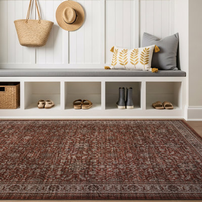 Tapis rouge antidérapant traditionnel en terre cuite lavable à la machine