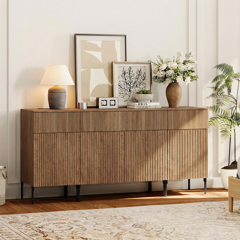 Aadham 63" Reeded Baby Dresser With 3 Drawers, Wooden Kids Dressers With Charging Station, Modern Dressers For Bedroom, Nursery, Hallway