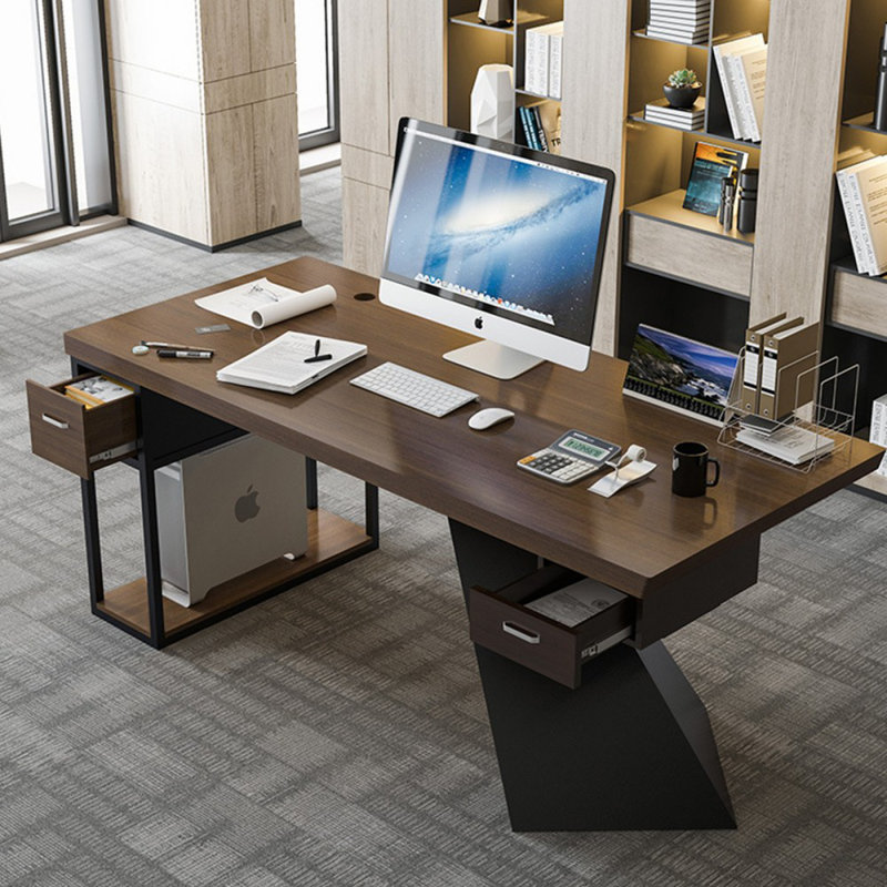 Dark-brown+Black Rectangular Solid Wood+Iron desks, Left Hand Return, 29.53" H x 62.99" W x 27.56" D
