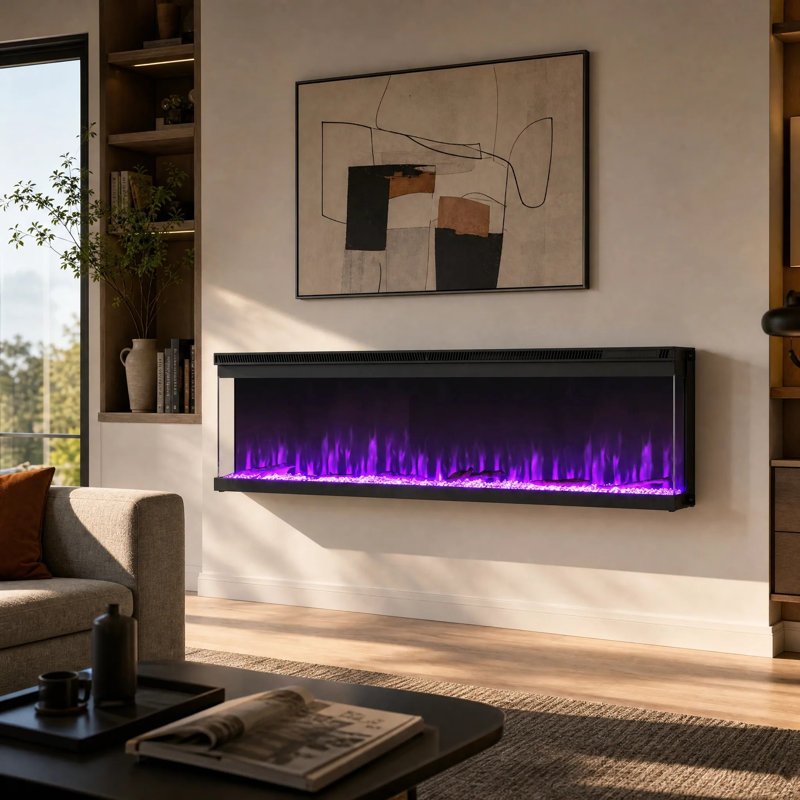 Foyer électrique intelligent noir 50 "/ 60" / 72 "avec flamme 12 couleurs et connexion WiFi, H 17 po x l 50 po x P 7,9 po