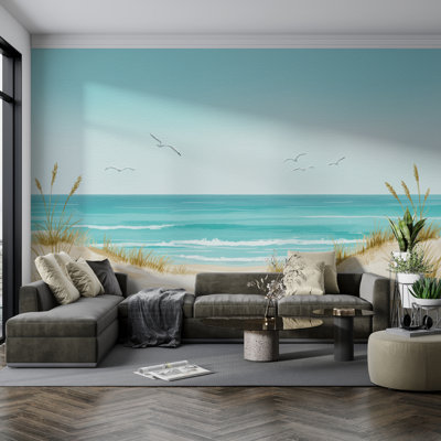 Murale panoramique aquarelle paysage marin - Oiseau mouette, vagues turquoises, dunes de sable et oiseaux | Papier peint Coastal Beach House 770RS (non tissé) RS770