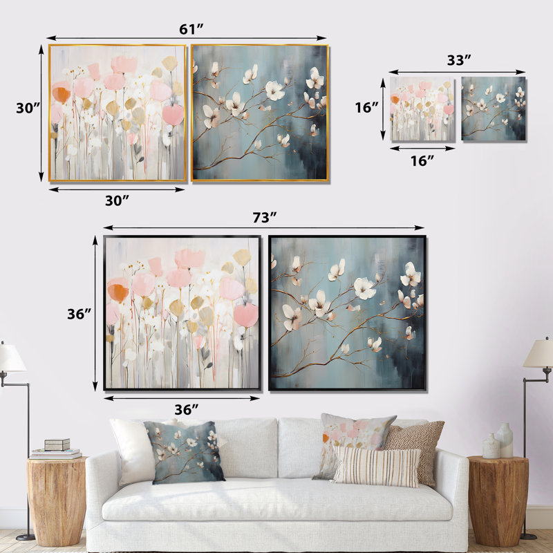 White Botanical Elegance - Ensemble de 2 collages carrés botaniques abstraits, H 16 po x l 33 po, Cadre flottant doré