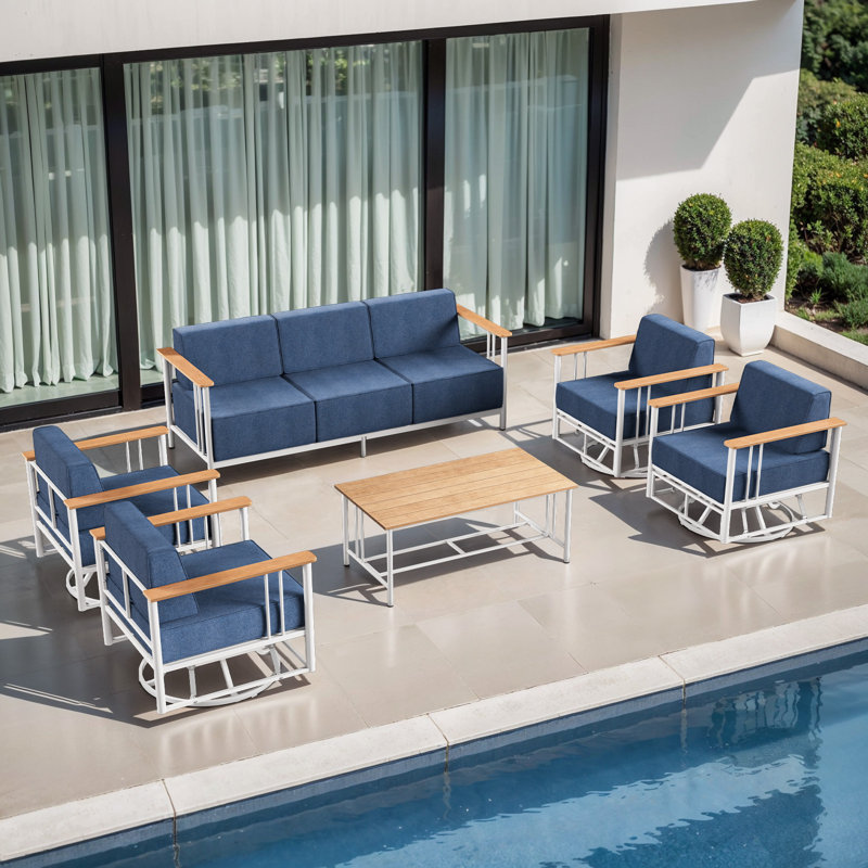 Coan 7 Person Outdoor Patio Modern Metal Sofa Conversation Set With 4 Swivel Chairs, Blue Cushion/White Frame