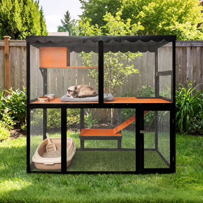 Luxury 4 - Tier Cat Enclosure, Wood Material, Suitable For Large Cats, With Ramp And Resting Platform Quiet Time Outdoors Spacious Frame, Outdoor Use, Comfortable Multiple Cats To Escape