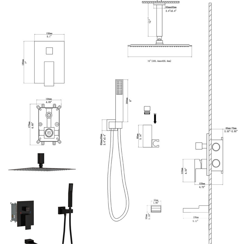 Ceiling Mounted Shower With Waterfall Tub Spout & Us Standard Thread - Bronze System 1.8 Gpm Flow Oil Rubber