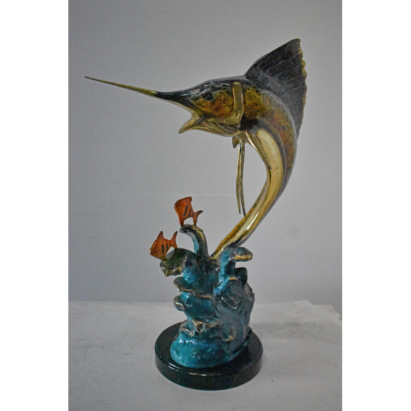 Swordfish with Two Small fish Bronze Statue on Marble - Size: 21"L x 13"W x 28"H