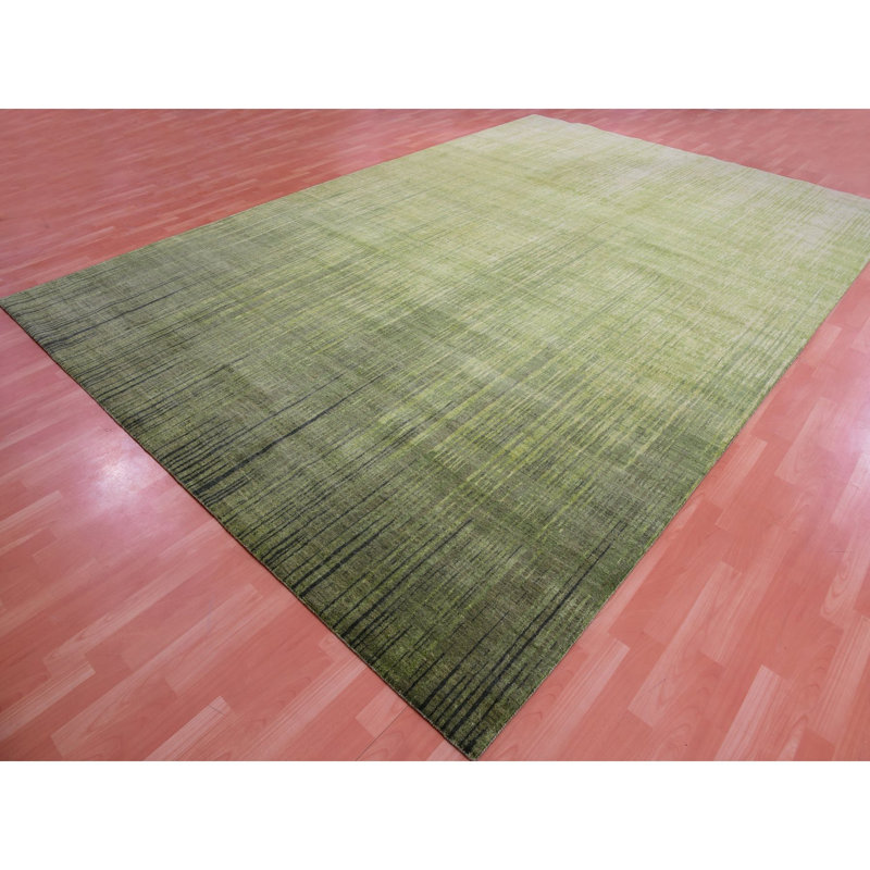 10'x14'4" Herbal Green Hand Knotted Vertical Ombre Design Soft Wool Rug 63C4A770E0A942F491B3BF0523DCD400