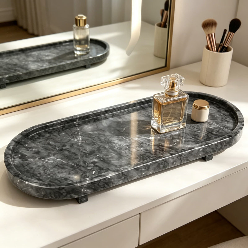 Plateau de meuble-lavabo ovale en marbre avec pieds, plateau décoratif en pierre naturelle pour distributeur de savon, parfum, porte-clés et anneau, petit plateau de service pour la cuisine et l'organisation à la maison, noir et gris