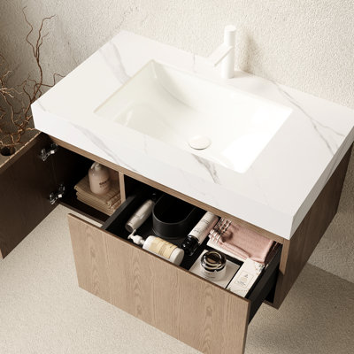 Meuble-lavabo de salle de bain avec comptoir en pierre frittée blanche, lavabo en céramique, tiroir et porte, armoire en contreplaqué flottant, pré-assemblé, aspect luxueux, résistance aux rayures des tiroirs à fermeture en douceur, grand rangement