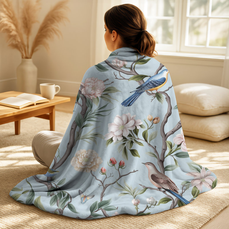 Ensemble de couverture et oreiller Minimalisme Bird On Flowers VII - Bird Soft, Throw blanket with two pillows (3-piece set)