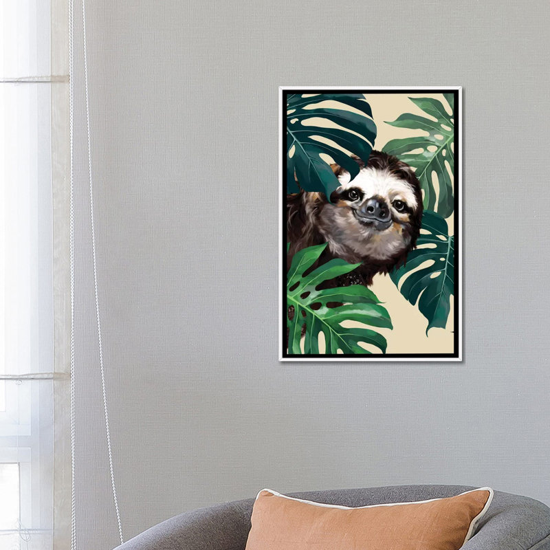 Sloth furtif avec monstera, H 26 po x l 18 po x P 1,5 po, Toile blanche encadrée