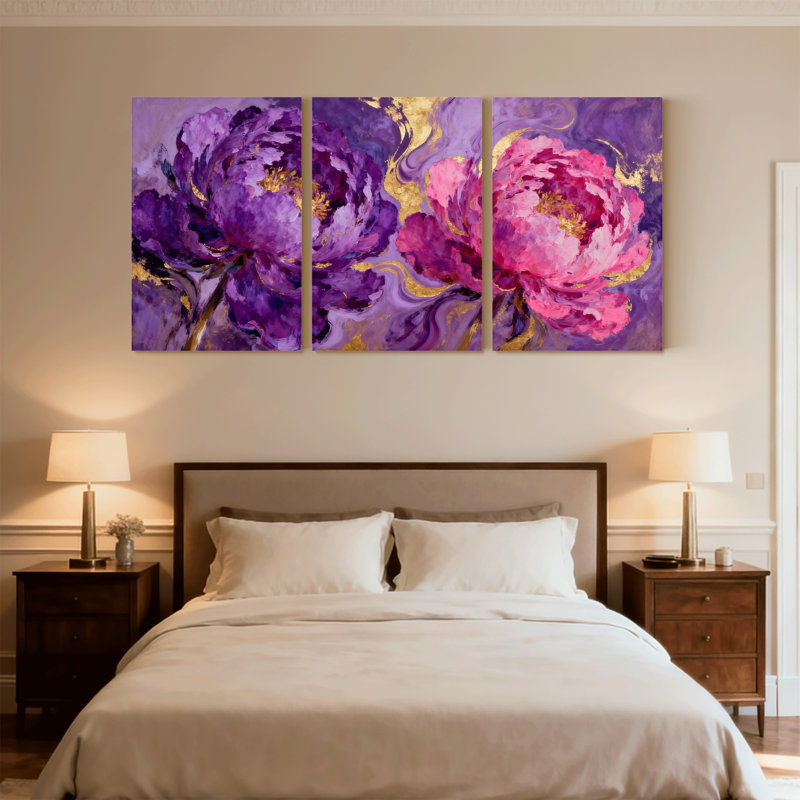 Plantes et fleurs, pivoine mauve, ensemble de 3 impressions sur toile