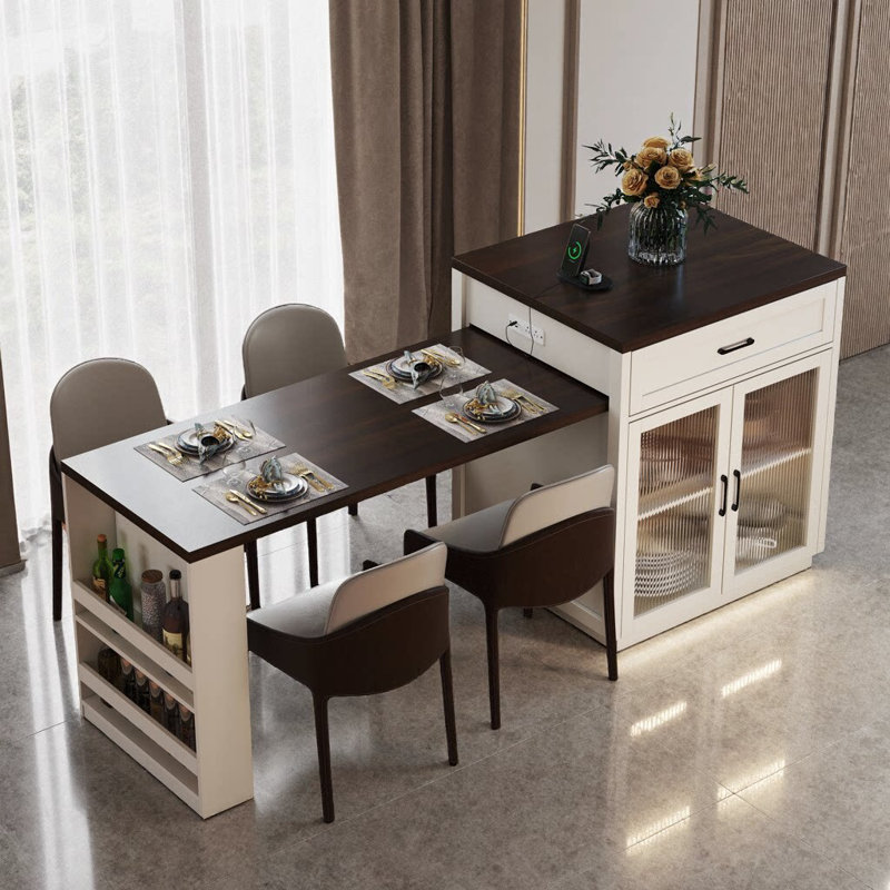 Îlot de cuisine extensible de 83 po avec table coulissante, portes en verre trempé, prise de courant, salle à manger pour 2 à 6 personnes, blanc crème et noyer