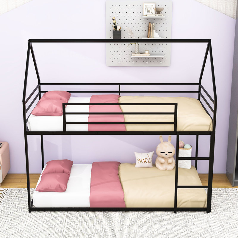 Lit superposé simple au dessus d'un lit simple avec échelle intégrée et garde-corps, Black