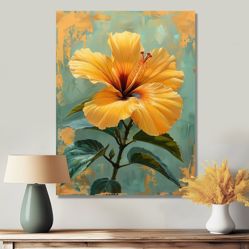 Hibiscus rétro - impression d'art mural bleu et jaune, Toile tendue, H 16 po x l 32 po