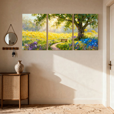 Assortiment de bouquets de printemps sur un chemin de prairie, ensemble de 3 impressions sur toile