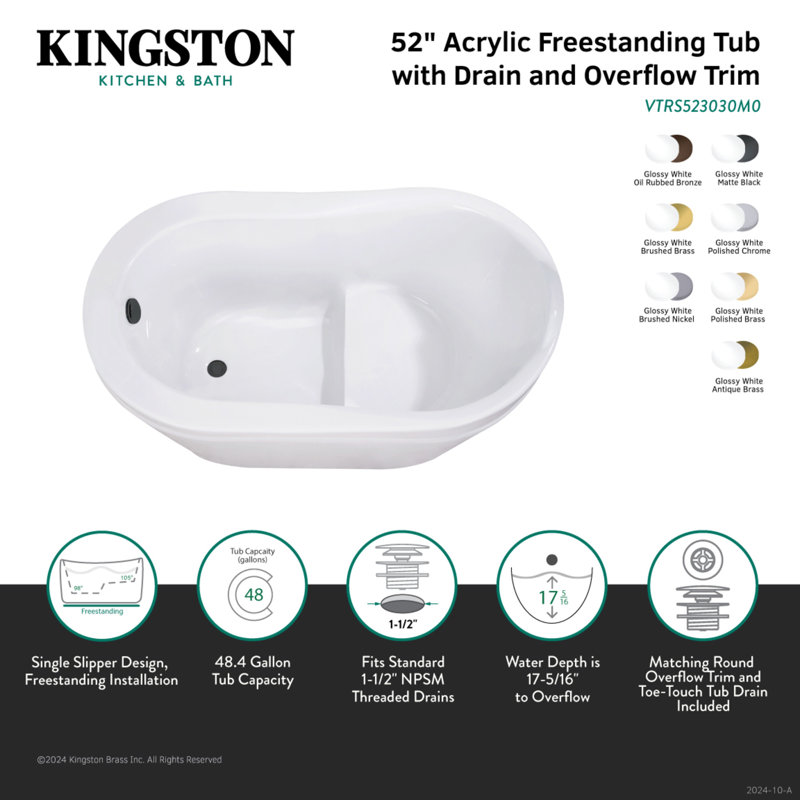 Baignoire autoportante ovale en acrylique 52 pouces Kingston Eden avec ensemble de trop-plein / drain et siège intégré Kingston