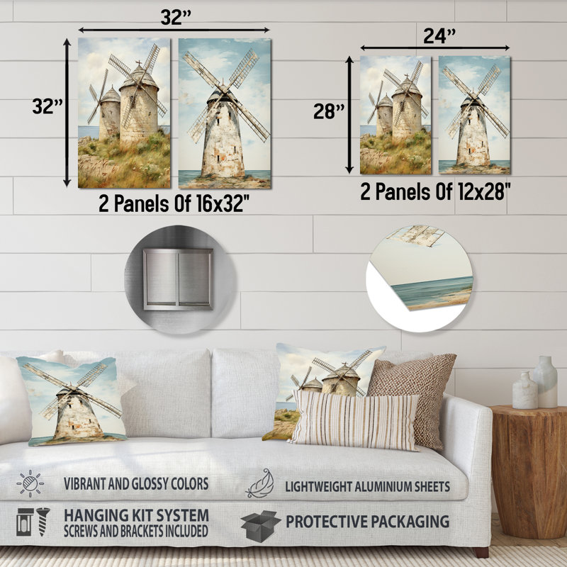 Vintage Windmills At The Beach I - Wind Turbines Metal Wall Art Prints Set Of 2, 32" H x 32" W