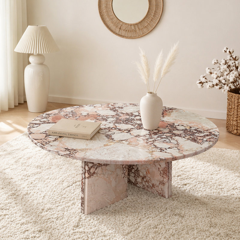 Table basse de luxe en marbre naturel rose, petite table de salon avec surface polie, pierre véritable