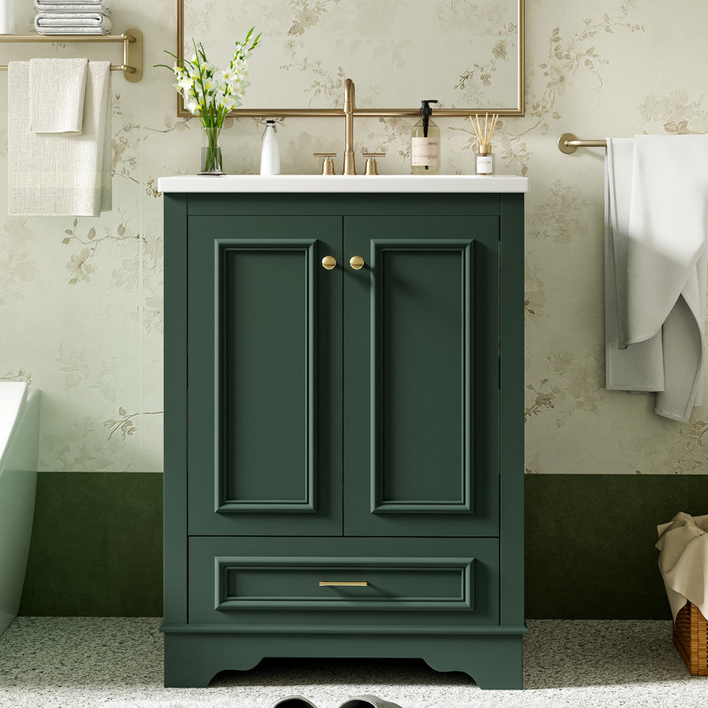 Meuble de salle de bain moderne avec lavabo en céramique de 61 cm, intérieur fonctionnel et esthétique, poignées argentées, élégant meuble-lavabo