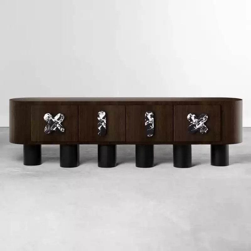 Meuble télé Vintage Designer, Bois espresso / blanc / noir