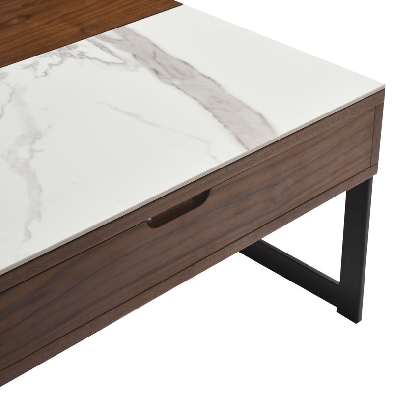 Faye Transitional Rectangular Lift-Up Coffee Table In Walnut Finish With Sintered Stone Panel, Black