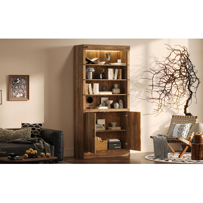Bibliothèque de 83,4 po de hauteur avec portes, bibliothèque de style campagnard avec tablettes réglables à 3 niveaux, tablettes avec éclairage à DEL, grande armoire de rangement pour le salon, bureau personnel, noyer