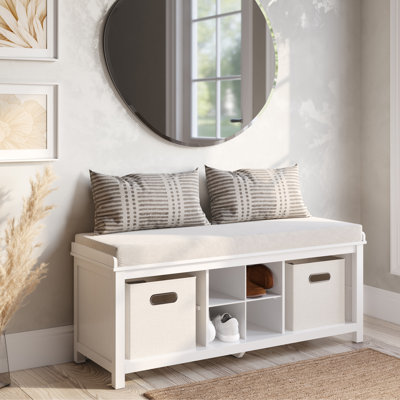 Entryway Bench With 2 Cream Tweed Bins Espresso Finish