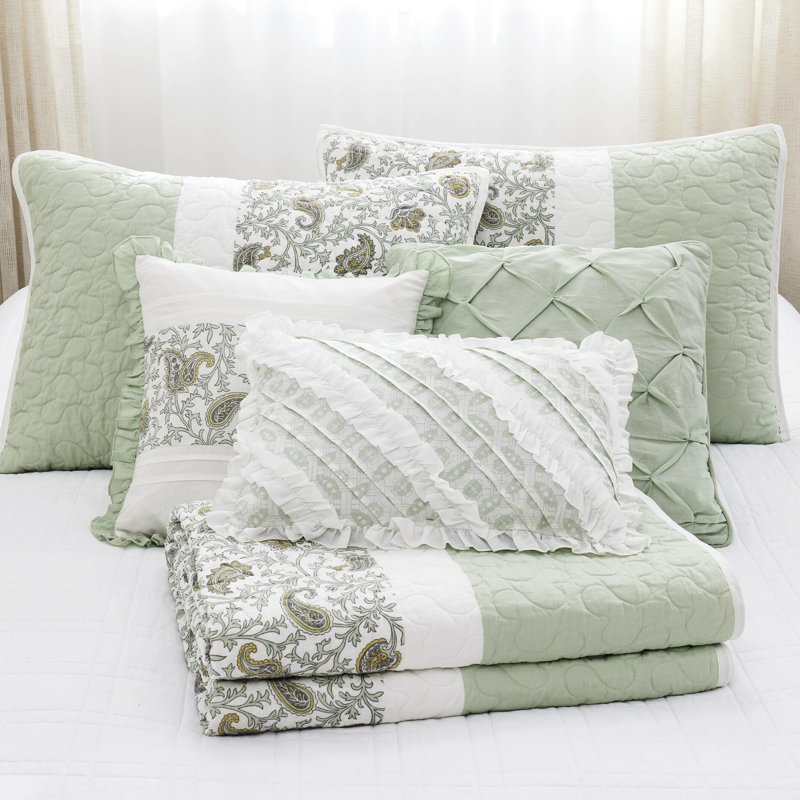 King/ King 6 Cotton Quilt And Breathable - Sage With Decorative Pillows, King Quilt + 5 Additional Pieces