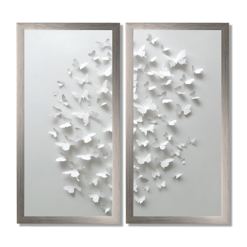 «Summer White Butterflies In The Sky - Abstract Collages», impression sur toile contemporaine blanche 2 pièces, Argent argent
