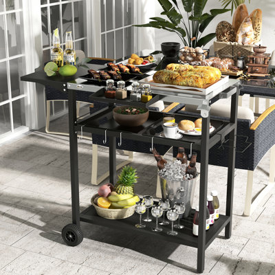 Chariot d'extérieur, plateau de table en acier inoxydable et 2 couches, pots à épices porte-serviettes, chariot de comptoir de service de patio noir avec niveaux de rangement, tablette d'assaisonnement, roues, crochets, support de sac à ordures,