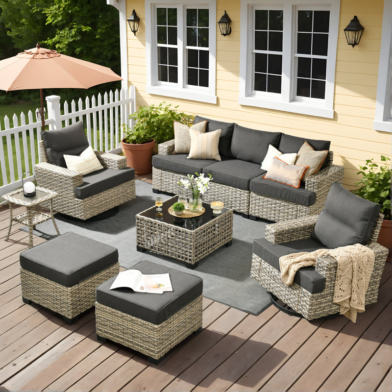 7- Person Rattan Outdoor Seating Group With Swivel Rockers, Black