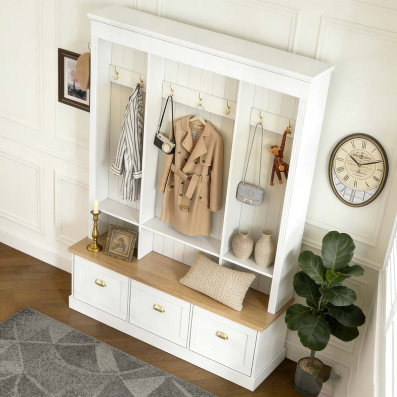 Elegant APP Controlled LED Light Hall Tree with 9 Hooks, Roman Column Design Natural Storage Bench with 3 Large Cabinets