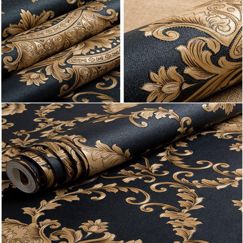 Papier peint damassé en relief noir et doré de luxe luxueux - Rouleau de vinyle en vinyle non adhésif lavable pour une décoration intérieure élégante, de haute qualité, métallique