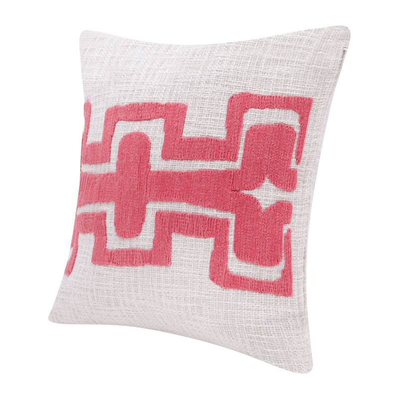  Geometric Handmade Cotton Wool Blend Decorative Throw Pillow, Pink/Ivory, Square 20", Polyester