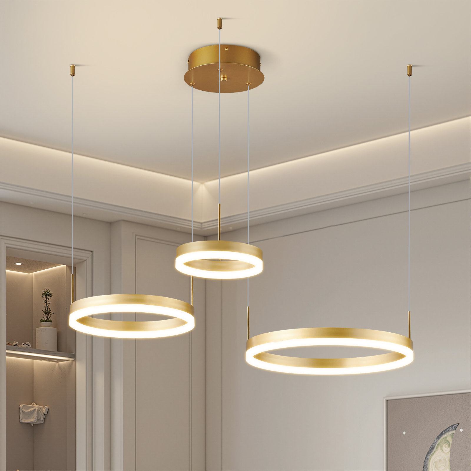 Mercer41 Modern Gold Ring Chandelier LED Circle Geometric Pendant Light ...