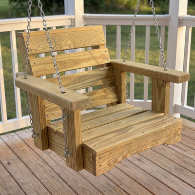 Balancelle de véranda pour une personne - balançoire d'extérieur en bois de pin américain traité à la main avec chaîne et quincaillerie de suspension, capacité de 265 lb, fabriquée aux États-Unis