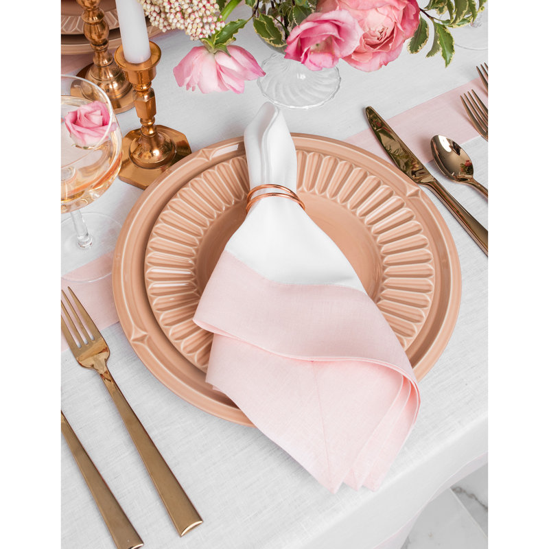 Contempo - 100% Pure Linen Dinner Napkins, Blush Pink/White