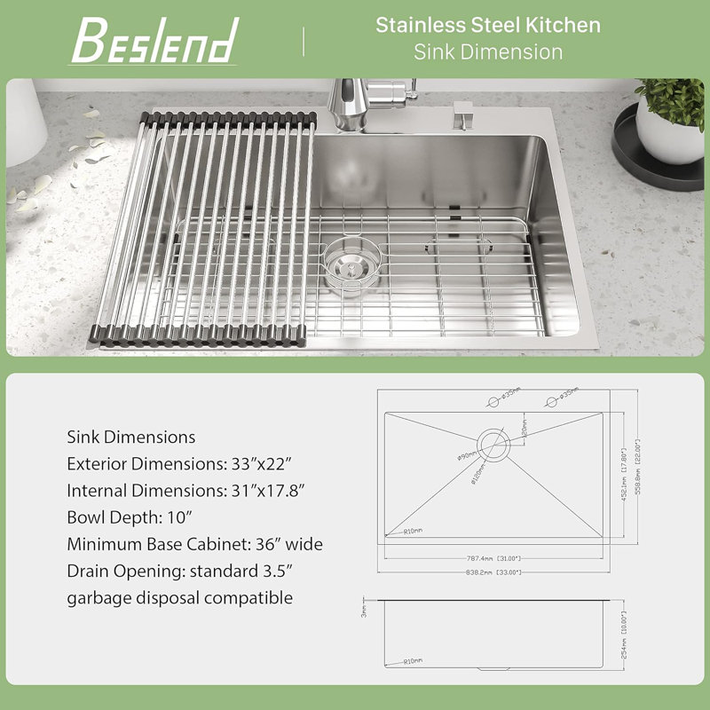 Évier de cuisine encastrable 33 po en acier inoxydable de calibre 16 avec grille et crépine 33 po, Argent