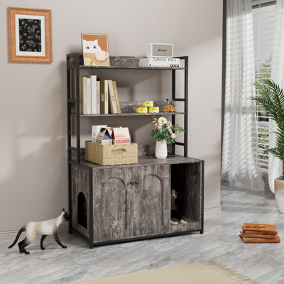 Large Cat Litter Box Enclosure With Shelf Storage, Hidden Cat Washroom Furniture, Wooden Cat House With Scratch Pad, Sturdy Indoor Cat Cabinet With 2 Doors(Grey)