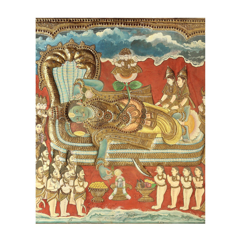 Shree Padmanabha Swamy Tanjore, peinture | Couleurs traditionnelles avec or 24 carats | Structure en bois de teck