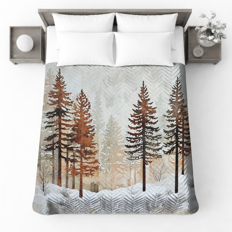 Snowy Pine Forest Scene Bedding Winter Bedspread Landscape, Full / Double