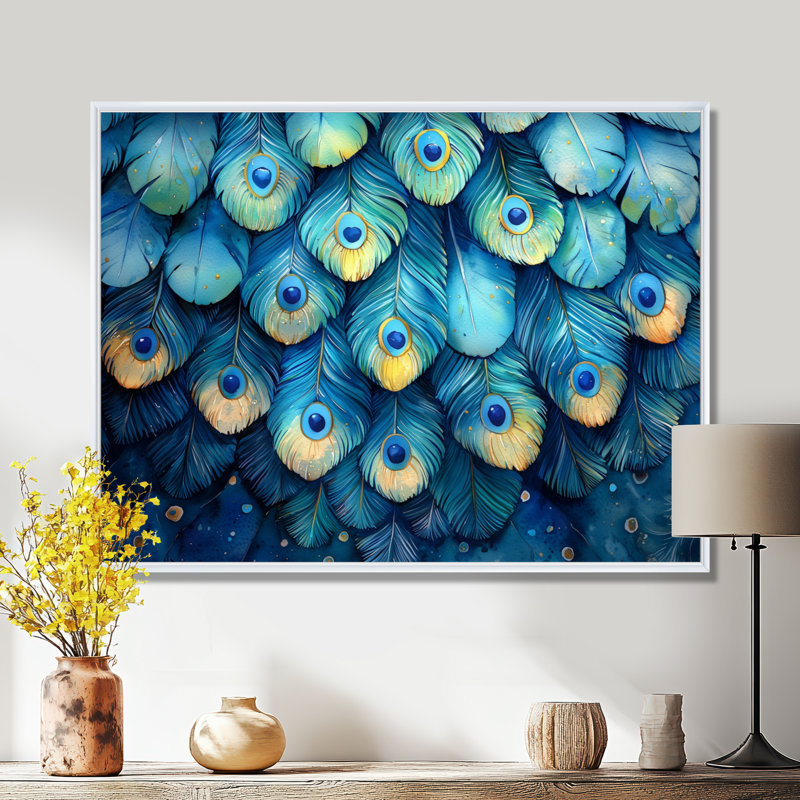 Peacock Feather Collage - art mural oiseau, H 12 po x l 20 po, Cadre flottant, Blanc