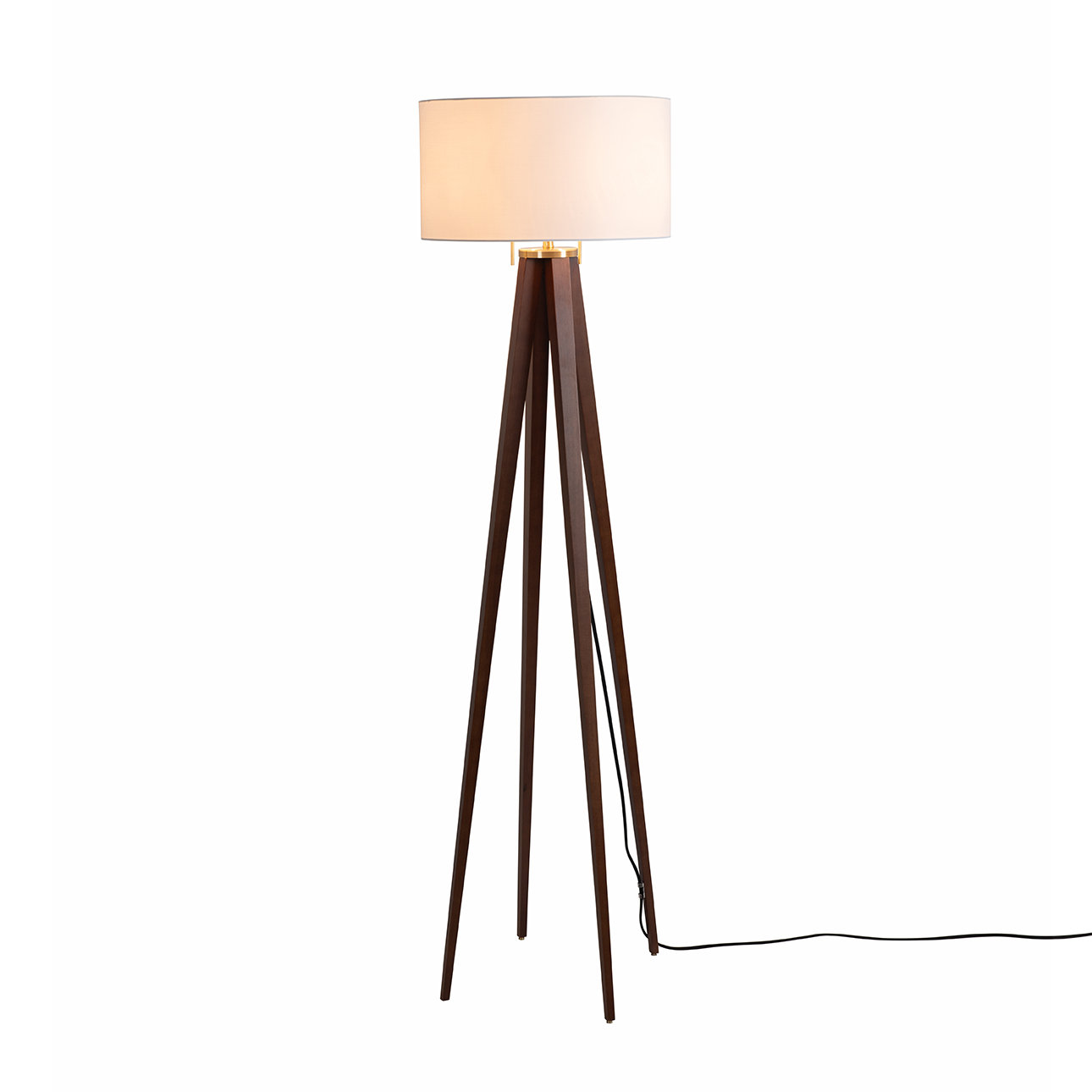 Quattro Mid-Century Modern Floor Lamp with White Linen Shade – Quad-Leg Wood Base, Weathered Brass Accents, Warm Ambient Lighting, Smart-Switch Ready, LED Compatible, Elegant Designer Accent Lamp