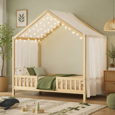 Lit sur pied avec auvent, structure de lit simple pour enfants, structure de lit pour tout-petits en forme de maison avec rampes hautes, lit pour enfants en bois avec toit, lit simple pour enfant, naturel