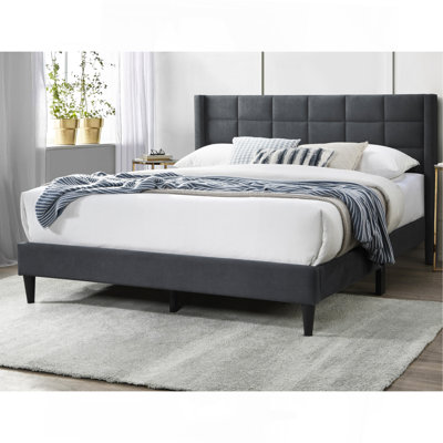 Elegant Modern Charcoal Brushed Linen 1Pc Queen Size Bed Upholstered Box Design Headboard Bedframe