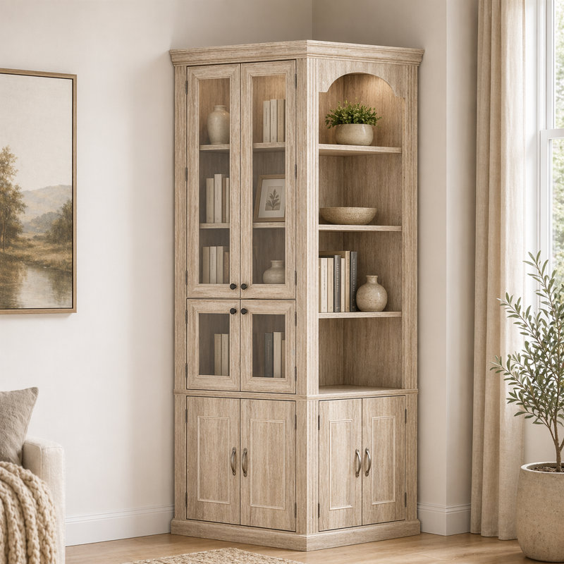 Busby 90.3" Tall Corner Bookcase Cabinet With Glass Doors, Open Shelves, 3-Color LED Spotlights, Oak