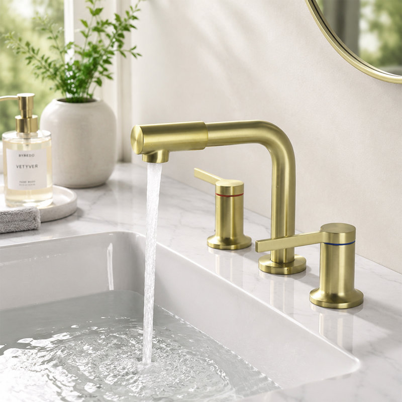 Widespread Bathroom Sink Faucet with 360° Swivel Spout and Nozzle, 2-Handle 3-Hole Bathroom Vanity Faucet, Brushed Gold